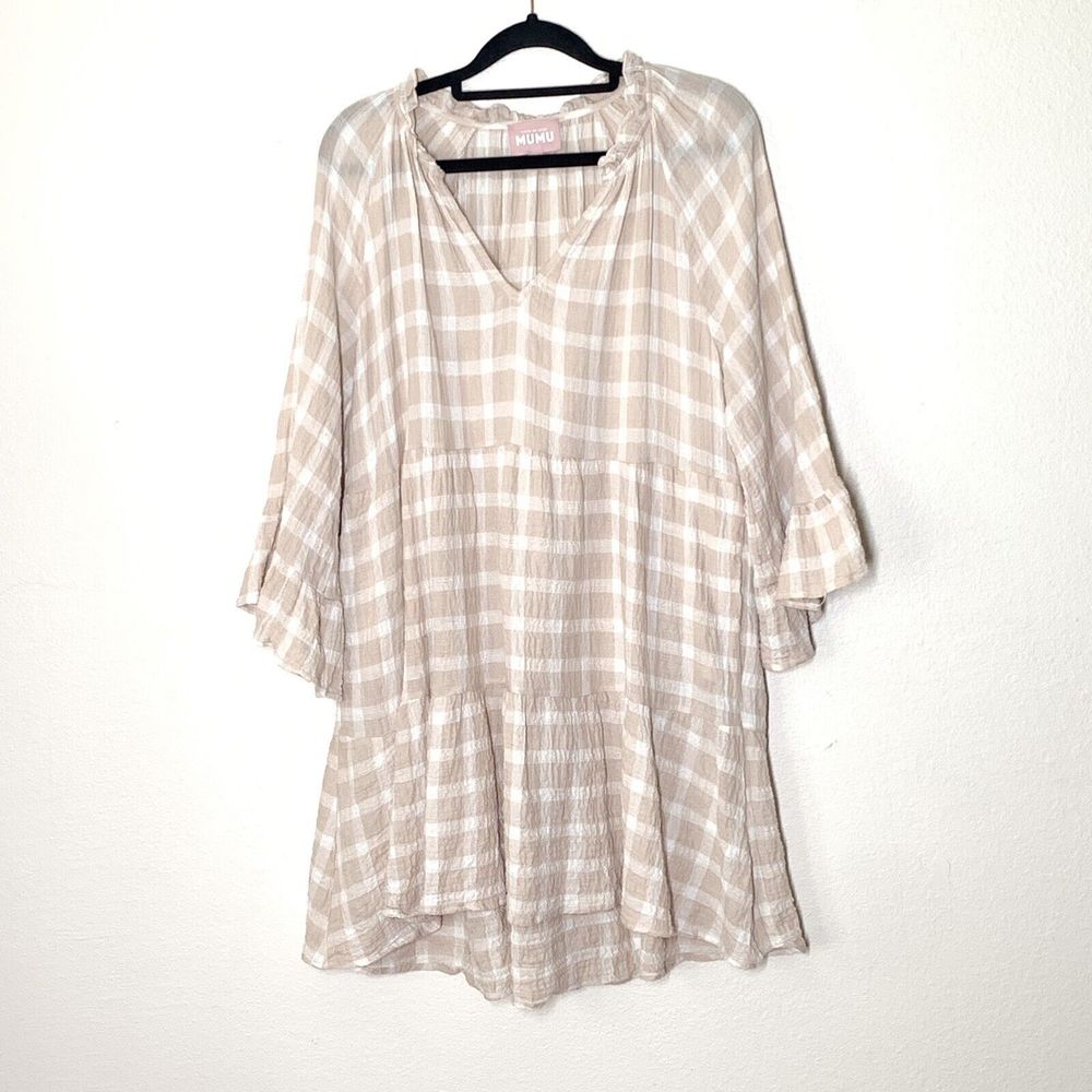 Show Me Your Mumu Viola Plaid Print Babydoll Mini Dress S Cream Tan